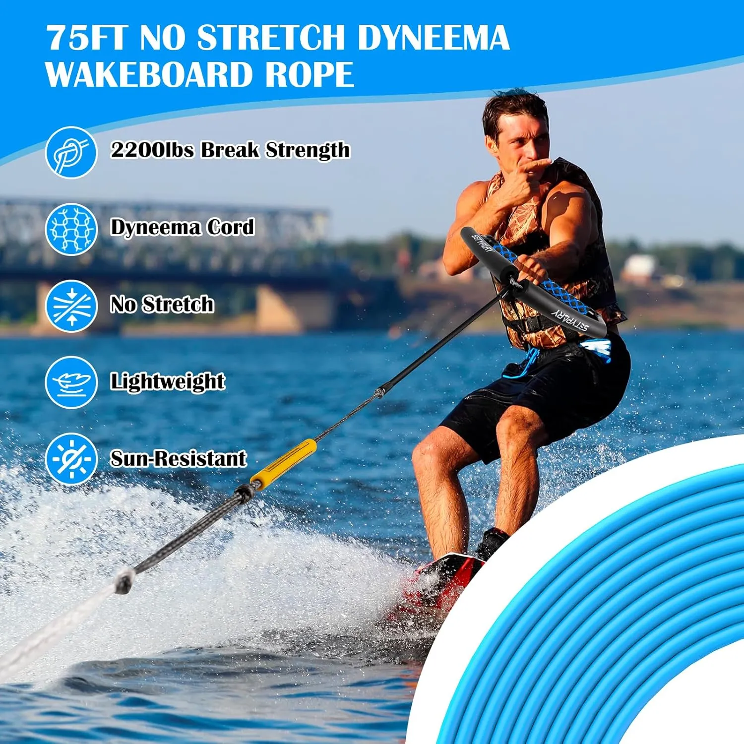 75FT No Stretch Dyneema Wakeboard Rope and Handle, 4 Sections Floating Wakeboard Tow Rope Water Ski Ropes for Wakeboarding, Waterskiing, Kneeboarding and Wakesurfing