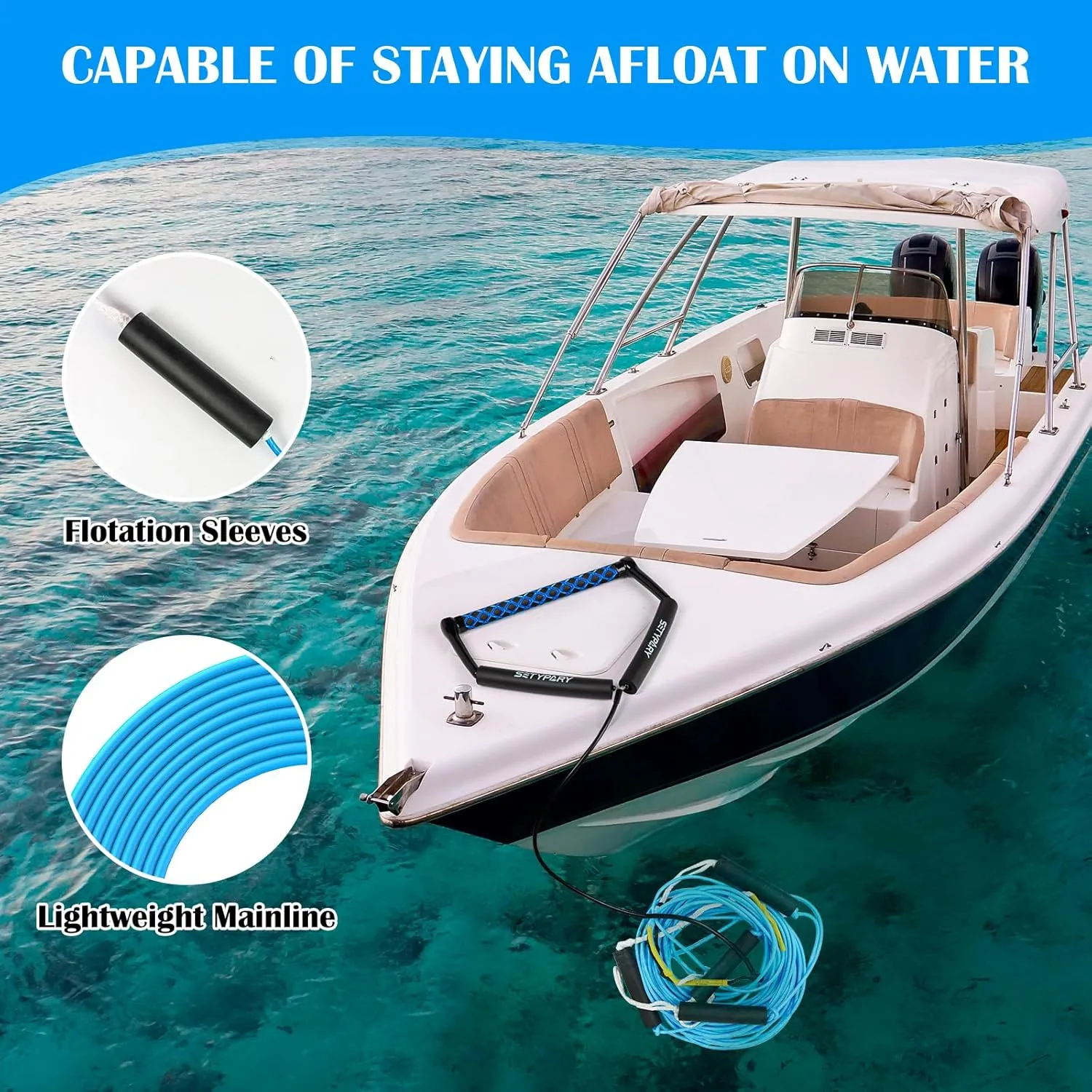 75FT No Stretch Dyneema Wakeboard Rope and Handle, 4 Sections Floating Wakeboard Tow Rope Water Ski Ropes for Wakeboarding, Waterskiing, Kneeboarding and Wakesurfing
