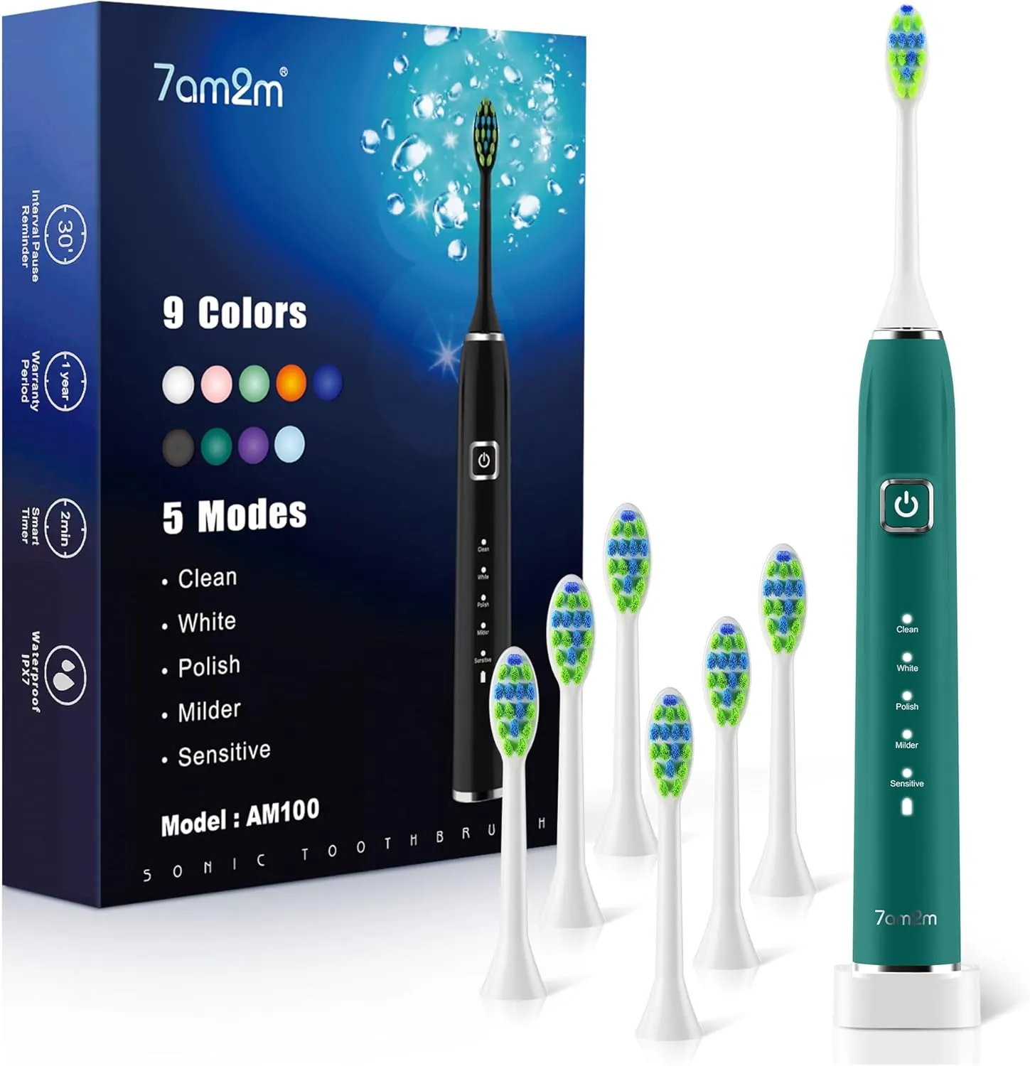 7AM2M Sonic Electric Toothbrush with 6 Brush Heads for Adults&Kids, One Charge for 120 Days, Wireless Fast Charge, 5 Modes, 40000VPM Powered Toothbrush, 2 Minutes Built in Smart Timer (Peacock Green)