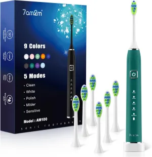 7AM2M Sonic Electric Toothbrush with 6 Brush Heads for Adults&Kids, One Charge for 120 Days, Wireless Fast Charge, 5 Modes, 40000VPM Powered Toothbrush, 2 Minutes Built in Smart Timer (Peacock Green)