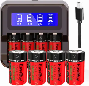 8-Pack 800mAH 123A Rechargeable Batteries and CR123A Charger Compatible with Arlo VMS3130 VMC3030 VMK3200 VMS3330 3430 3530 Cameras, Flashlight