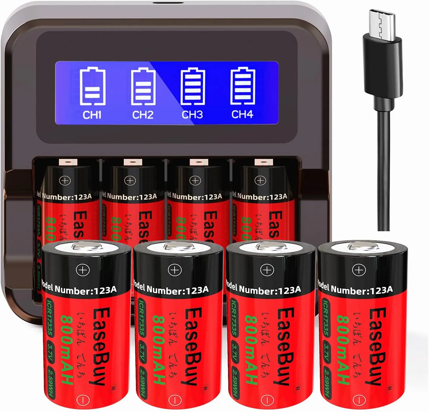 8-Pack 800mAH 123A Rechargeable Batteries and CR123A Charger Compatible with Arlo VMS3130 VMC3030 VMK3200 VMS3330 3430 3530 Cameras, Flashlight