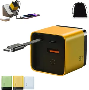80w Charger Block, 80 Watt All in One Charger Retractable, 3 in 1 Gan Chargers, Scalable 80w Max Fast Chargers Module with Type-C Cable and 2 USB Ports, for iPhone/Phone/Laptops (Yellow)