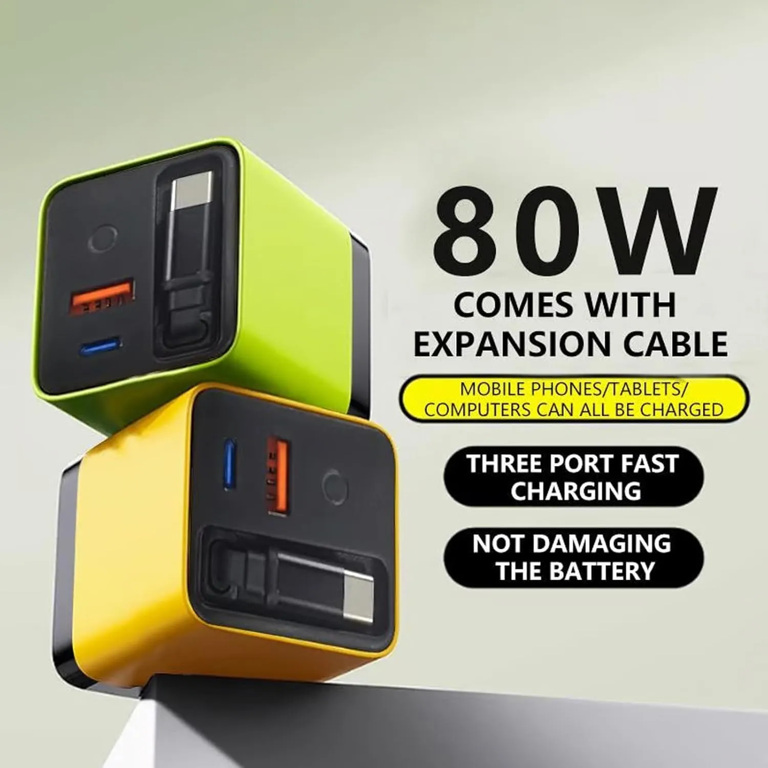 80w Charger Block, 80 Watt All in One Charger Retractable, 3 in 1 Gan Chargers, Scalable 80w Max Fast Chargers Module with Type-C Cable and 2 USB Ports, for iPhone/Phone/Laptops (Yellow)
