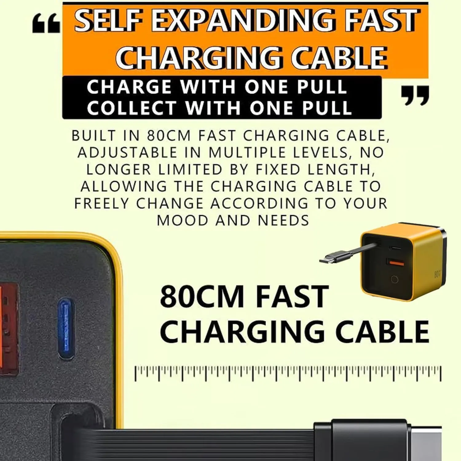80w Charger Block, 80 Watt All in One Charger Retractable, 3 in 1 Gan Chargers, Scalable 80w Max Fast Chargers Module with Type-C Cable and 2 USB Ports, for iPhone/Phone/Laptops (Yellow)