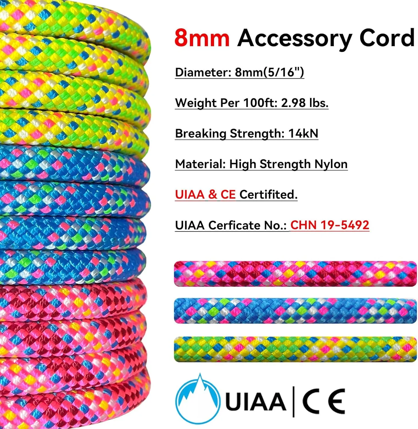 8mm Accessory Cord 30M (100ft) UIAA Rock Climbing Rope 14Kn High Tensile Strength Rock Climbing Accessories Cord Double Braid Nylon Cord for Mountain Tree Climbing, Canyoneering,Fire Rescue