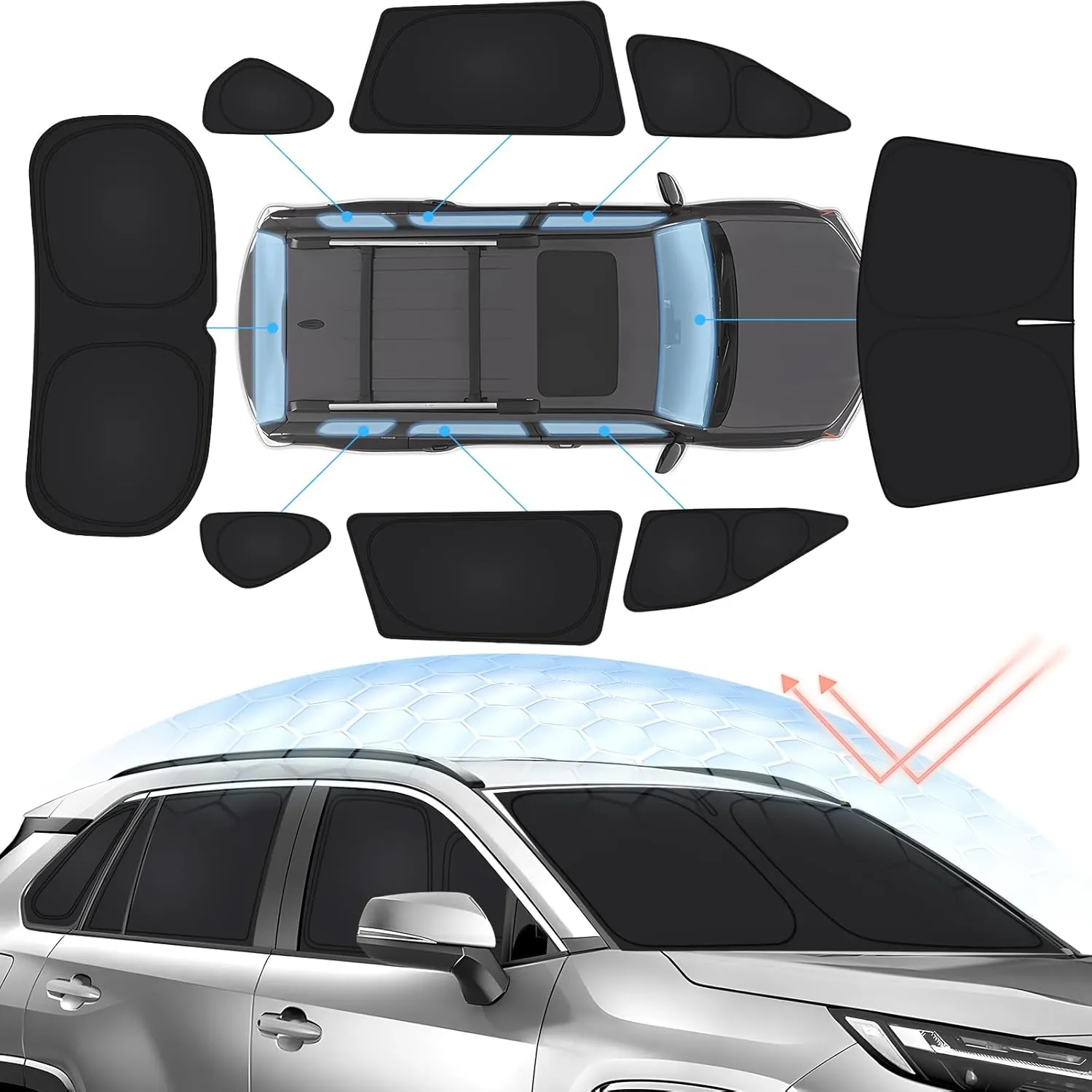 8PCS Foldable Sun Shade for 2019-2025 Toyota RAV4 Accessories Car Windshield&Side Windows Shade Cover Kit-Blocks 99% UV&Heat Privacy Protection Keeps RAV4 Cool Black