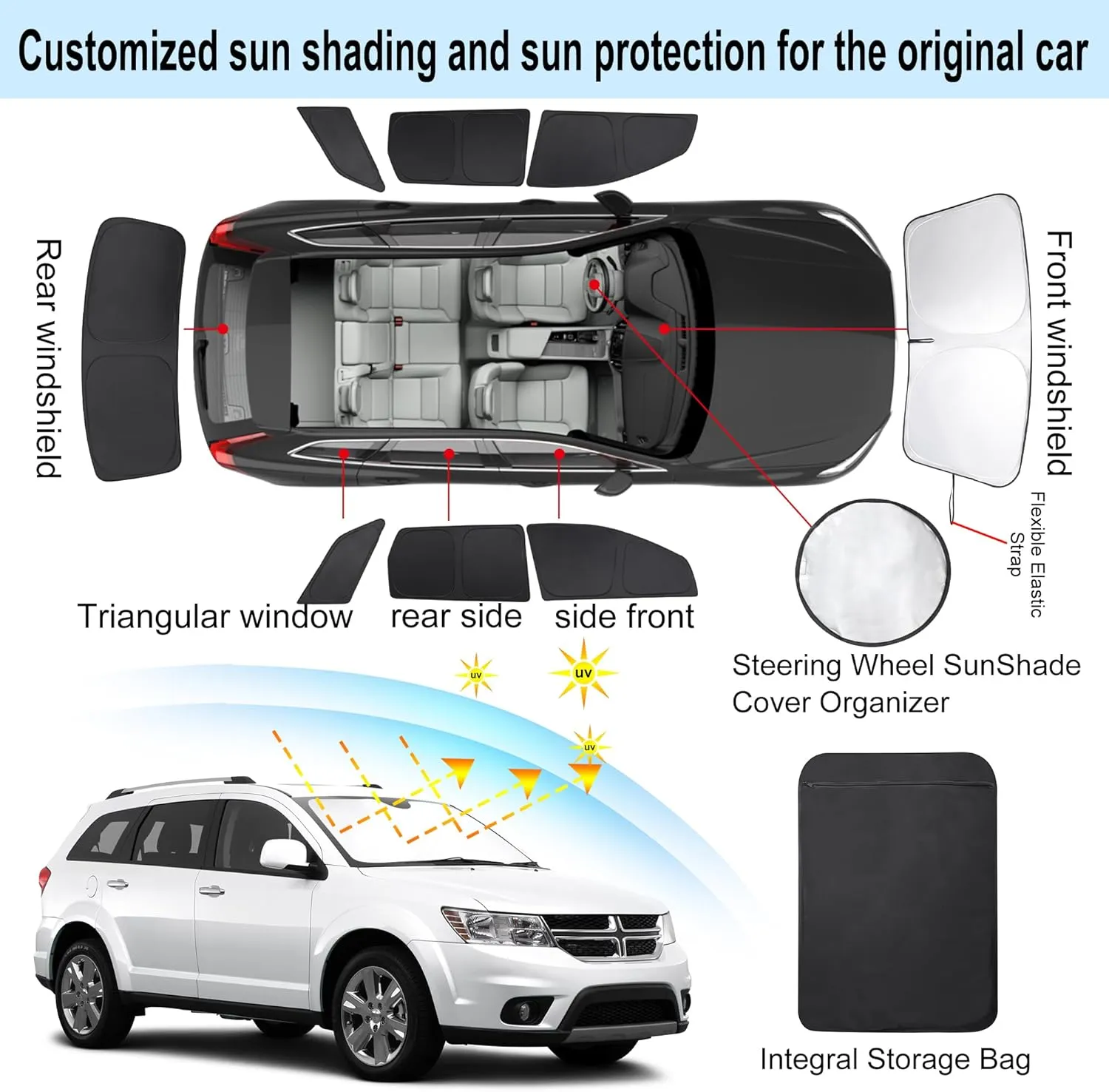 8PCS Windshield Sun Shade Custom Fit for 2009-2020 Dodge Journey Accessories Foldable Sunshade Side Rear Window Shade Cover Full Set Privacy Protection Keeps Car Cool