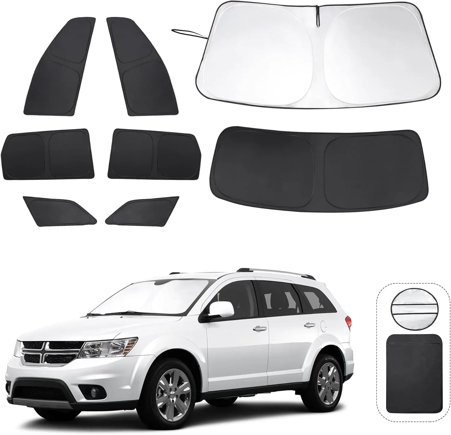 8PCS Windshield Sun Shade Custom Fit for 2009-2020 Dodge Journey Accessories Foldable Sunshade Side Rear Window Shade Cover Full Set Privacy Protection Keeps Car Cool