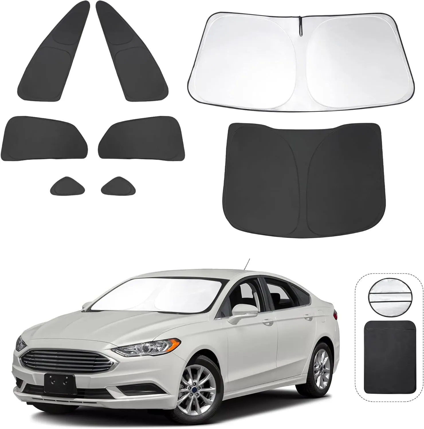 8PCS Windshield Sun Shade Custom Fit for 2013-2021 Ford Fusion Accessories Foldable Sunshade Side Rear Window Shade Cover Full Set Privacy Protection Keeps Car Cool