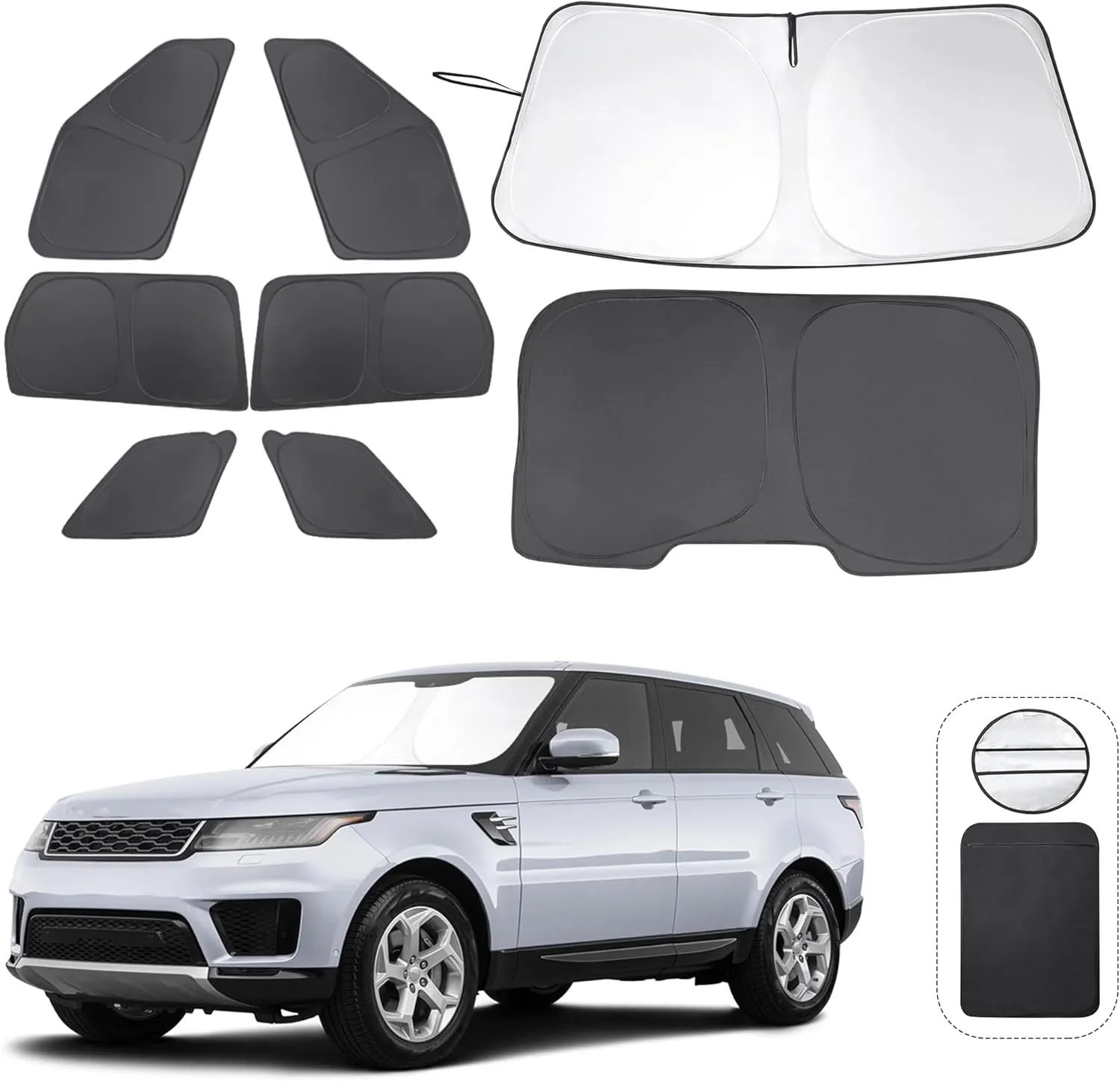 8PCS Windshield Sun Shade Custom Fit for 2014-2022 Land Rover Range Rover Sport Accessories Foldable Sunshade Side Rear Window Shade Cover Full Set Privacy Protection Keeps Car Cool
