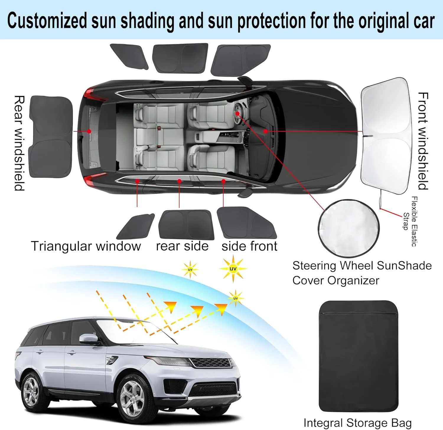 8PCS Windshield Sun Shade Custom Fit for 2014-2022 Land Rover Range Rover Sport Accessories Foldable Sunshade Side Rear Window Shade Cover Full Set Privacy Protection Keeps Car Cool