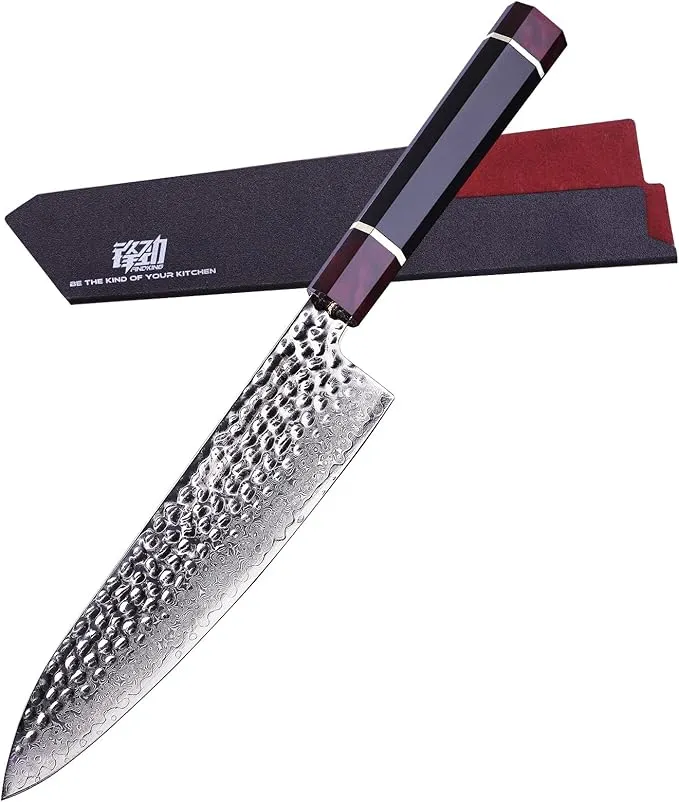 8" FINDKING Eternity Series Japanese Chef Knife with ABS sheath, Professional Kitchen Knife, 9Cr18MoV Damascus Steel Blade, Resin Octagonal Handle, Sharp, for Meat Cutting, 8 Inches