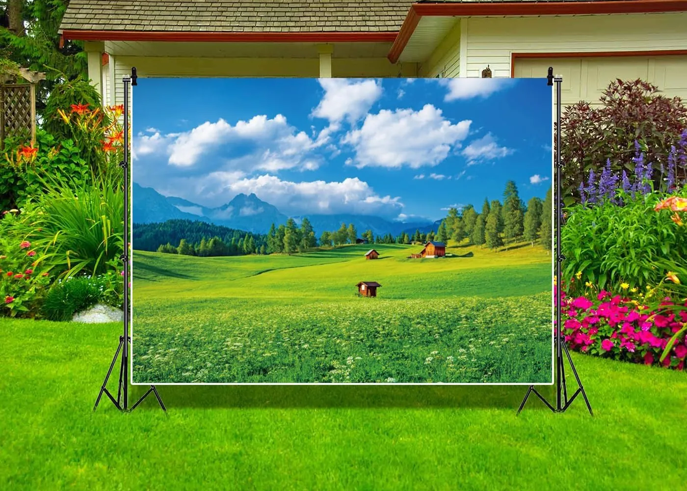 8x6ft Summer Countryside Mountain Scenery Backdrop Green Grass Rustic Farmhouse Farm Background Farmland Barn Photography Backdrop for Birthday Party Grassland Landscape Backdrop