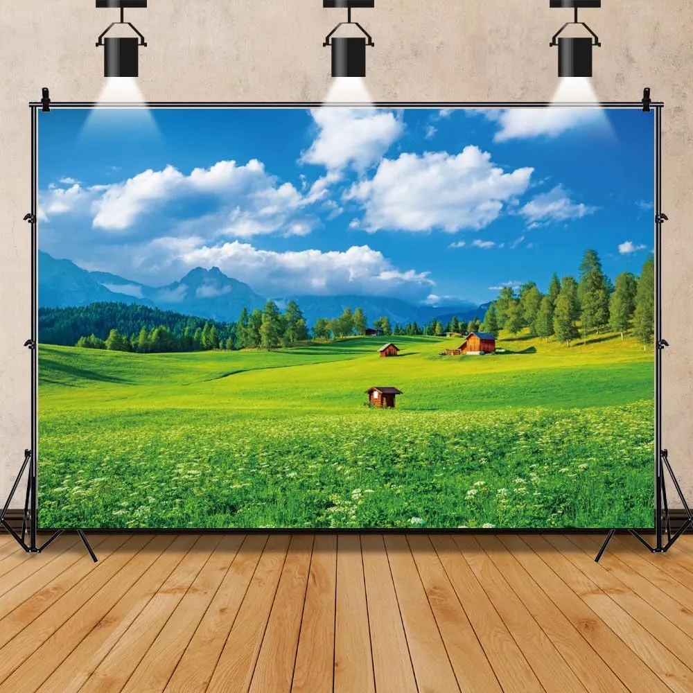 8x6ft Summer Countryside Mountain Scenery Backdrop Green Grass Rustic Farmhouse Farm Background Farmland Barn Photography Backdrop for Birthday Party Grassland Landscape Backdrop