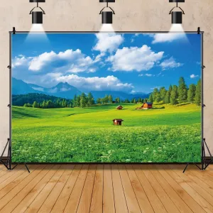 8x6ft Summer Countryside Mountain Scenery Backdrop Green Grass Rustic Farmhouse Farm Background Farmland Barn Photography Backdrop for Birthday Party Grassland Landscape Backdrop