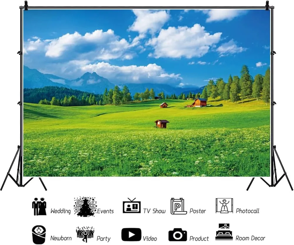 8x6ft Summer Countryside Mountain Scenery Backdrop Green Grass Rustic Farmhouse Farm Background Farmland Barn Photography Backdrop for Birthday Party Grassland Landscape Backdrop