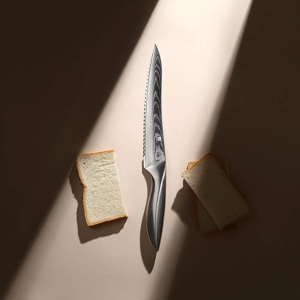 9C Damascus Steel Bread Knife: A Wide Wavy Edge Serrated Knife with an Upgraded Stainless Steel Razor Sharp 8-Inch Blade and 5.6-Inch Handle - for Delicious Homemade Bread, Bagels, and Cake.