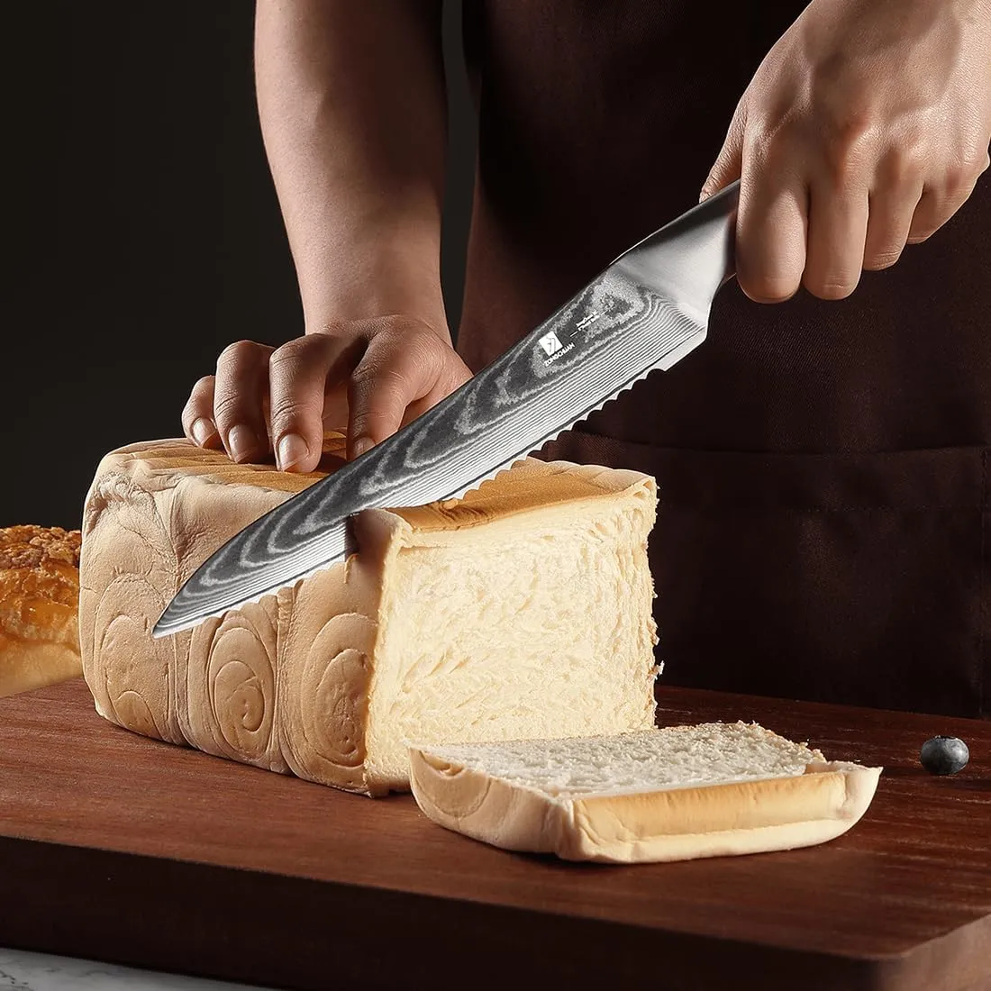 9C Damascus Steel Bread Knife: A Wide Wavy Edge Serrated Knife with an Upgraded Stainless Steel Razor Sharp 8-Inch Blade and 5.6-Inch Handle - for Delicious Homemade Bread, Bagels, and Cake.