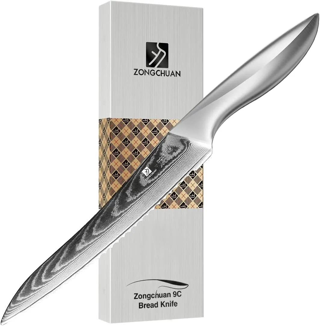 9C Damascus Steel Bread Knife: A Wide Wavy Edge Serrated Knife with an Upgraded Stainless Steel Razor Sharp 8-Inch Blade and 5.6-Inch Handle - for Delicious Homemade Bread, Bagels, and Cake.