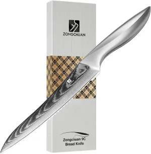 9C Damascus Steel Bread Knife: A Wide Wavy Edge Serrated Knife with an Upgraded Stainless Steel Razor Sharp 8-Inch Blade and 5.6-Inch Handle - for Delicious Homemade Bread, Bagels, and Cake.