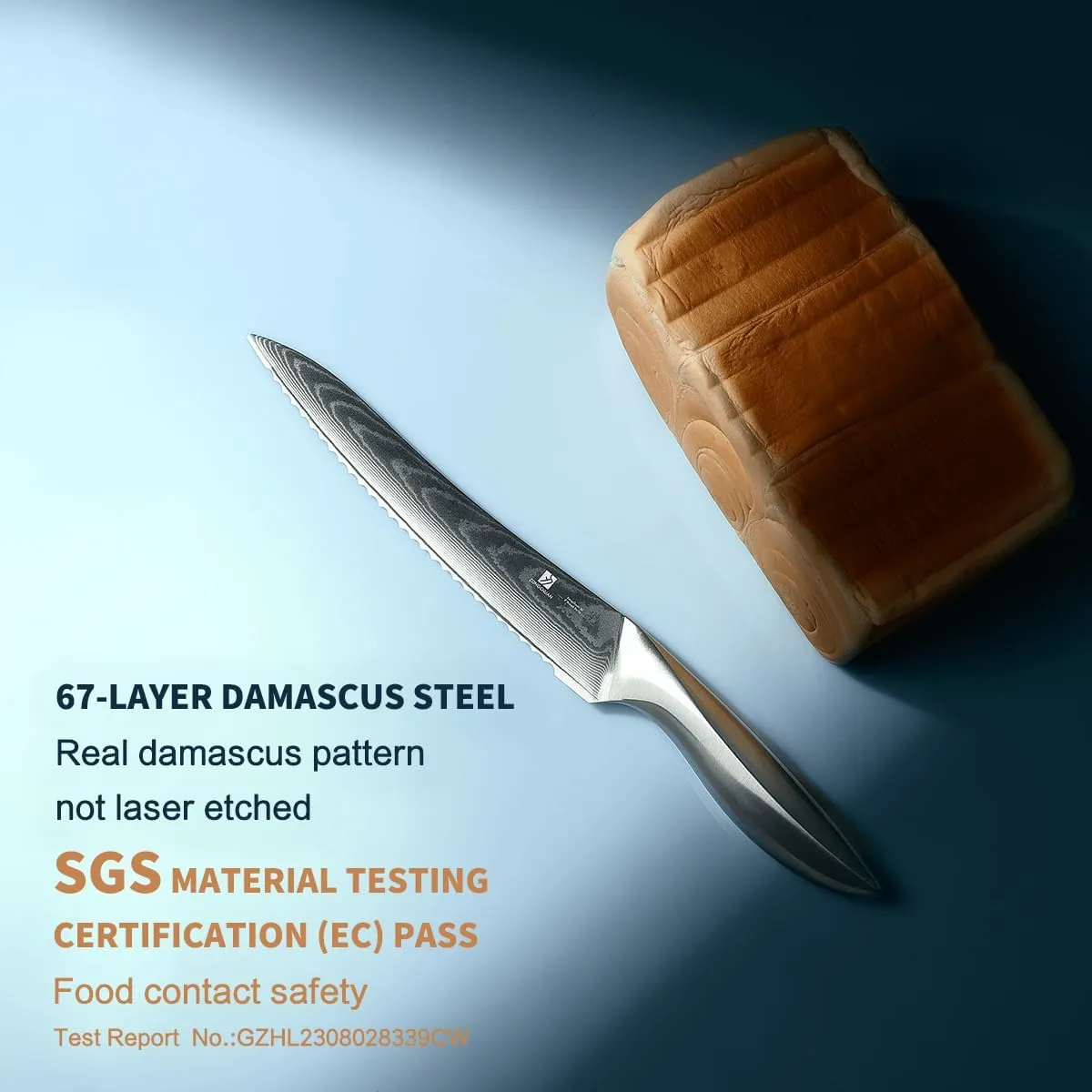 9C Damascus Steel Bread Knife: A Wide Wavy Edge Serrated Knife with an Upgraded Stainless Steel Razor Sharp 8-Inch Blade and 5.6-Inch Handle - for Delicious Homemade Bread, Bagels, and Cake.