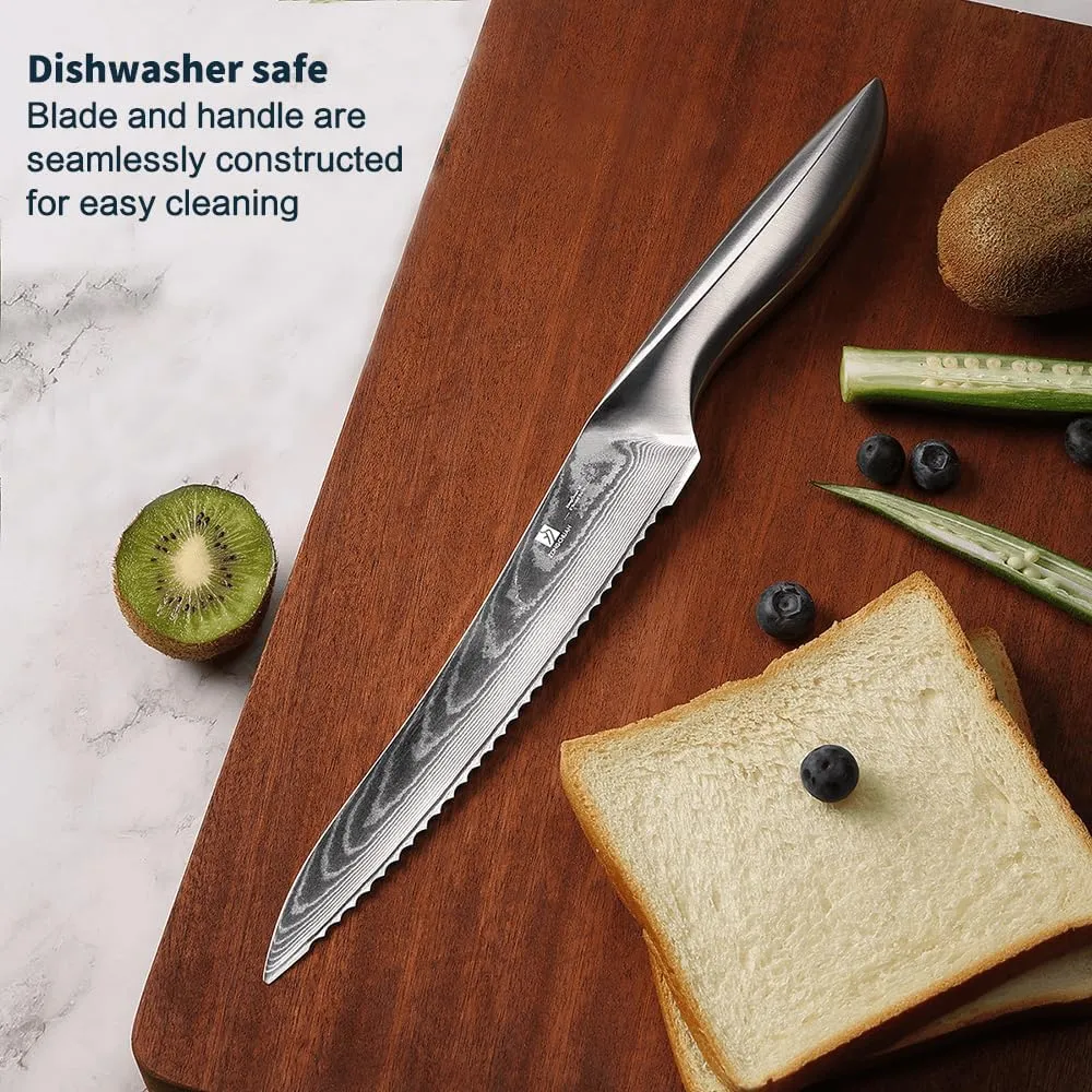 9C Damascus Steel Bread Knife: A Wide Wavy Edge Serrated Knife with an Upgraded Stainless Steel Razor Sharp 8-Inch Blade and 5.6-Inch Handle - for Delicious Homemade Bread, Bagels, and Cake.