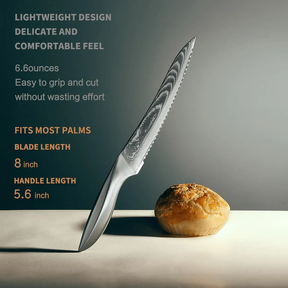 9C Damascus Steel Bread Knife: A Wide Wavy Edge Serrated Knife with an Upgraded Stainless Steel Razor Sharp 8-Inch Blade and 5.6-Inch Handle - for Delicious Homemade Bread, Bagels, and Cake.