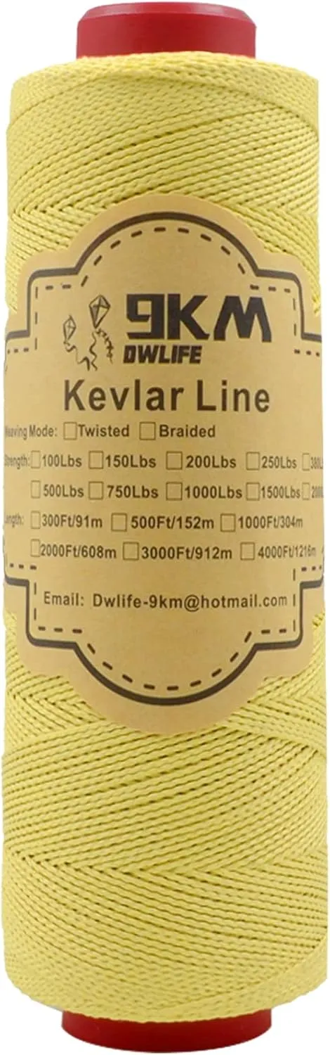 9KM DWLIFE Kevlar Kite String, 70lb 1000Ft, Braided Kevlar Line, Low Stretch, High Strength, Heavy Duty, Fishing Assist Cord, Camping, Hiking, Outdoor Survival Rope