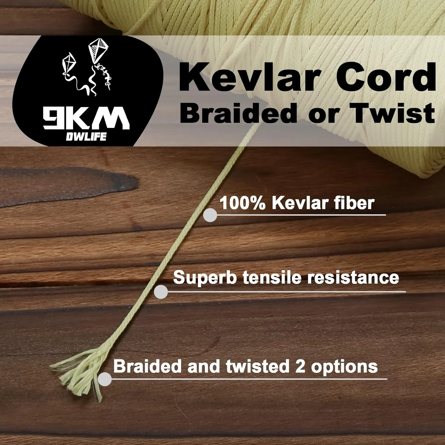 9KM DWLIFE Kevlar Kite String, 70lb 1000Ft, Braided Kevlar Line, Low Stretch, High Strength, Heavy Duty, Fishing Assist Cord, Camping, Hiking, Outdoor Survival Rope