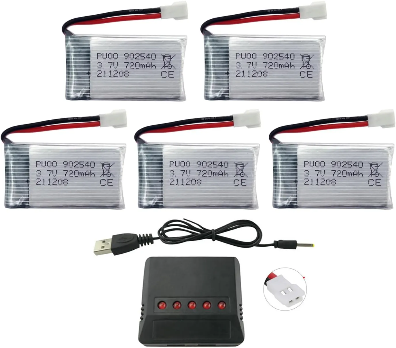 Accessory 5PCS 3.7V 720mAh Lipo Battery with 5-in-1 Charger for Syma X5C X5C-1 X5A X5 X5SC X5SW H5C V931 S5C FQ36 UFO 3000 UDI U45 U45W T5W H42 SS40 Goolrc T32 Drone