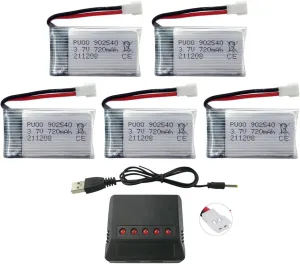 Accessory 5PCS 3.7V 720mAh Lipo Battery with 5-in-1 Charger for Syma X5C X5C-1 X5A X5 X5SC X5SW H5C V931 S5C FQ36 UFO 3000 UDI U45 U45W T5W H42 SS40 Goolrc T32 Drone