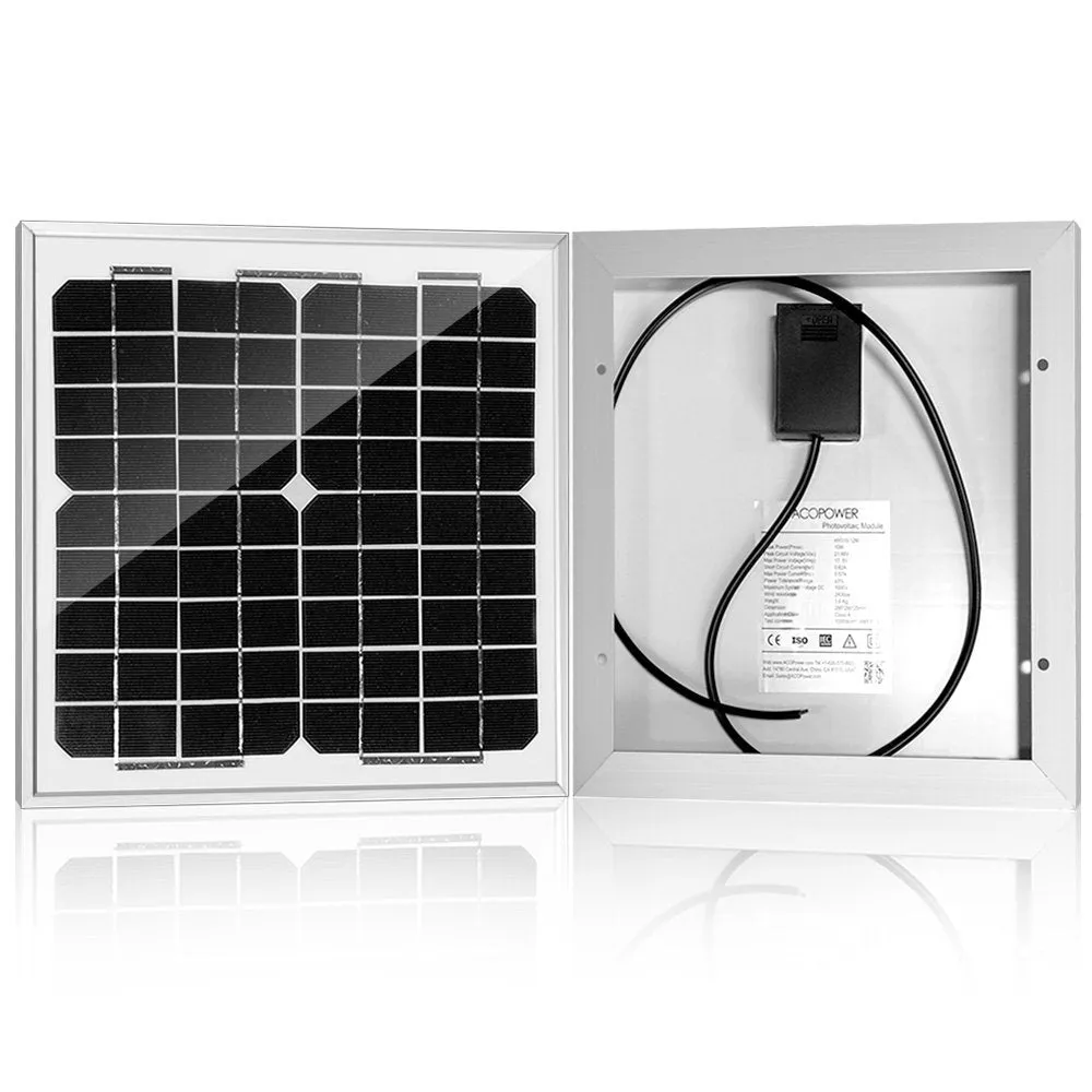 ACOPOWER 10W 12V Solar Charger Kit, 5A Charge Controller With Alligator Clips