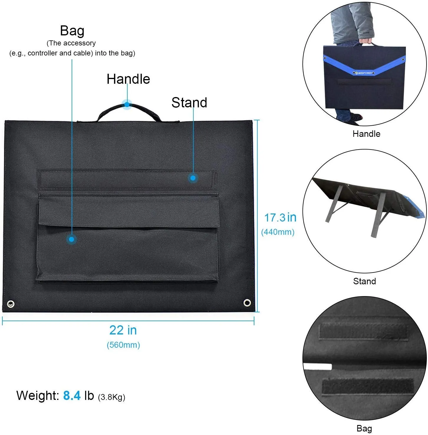 ACOPOWER 120W Portable Solar Panel Foldable Suitcase, With Built In Box