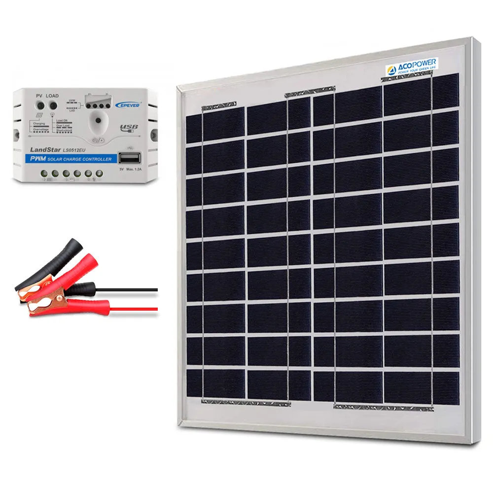 ACOPOWER 15W Solar Charger Kit, 5A Charge Controller, With Alligator Clip
