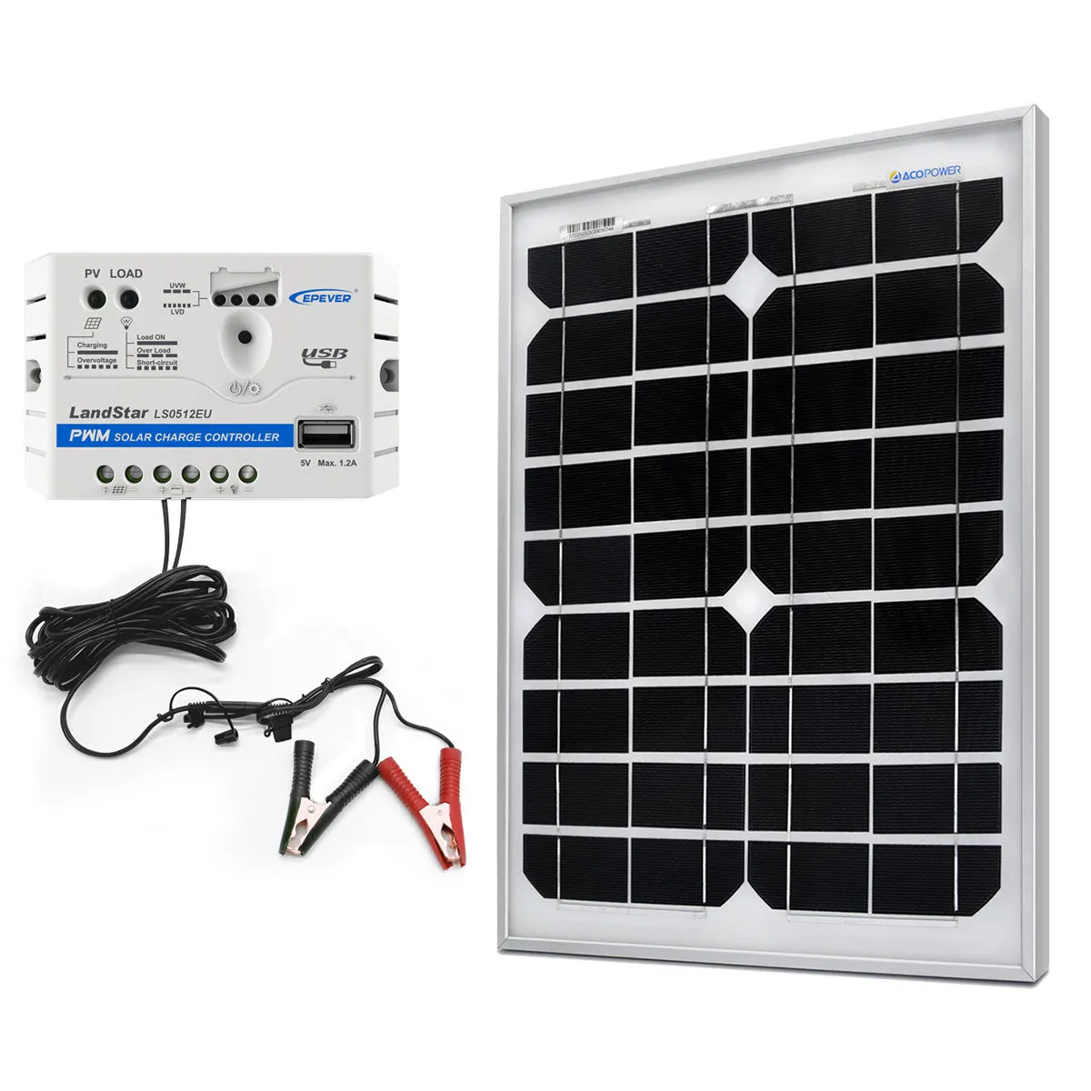 ACOPOWER 20W 12V Solar Charger Kit, 5A Charge Controller, With Alligator Clips