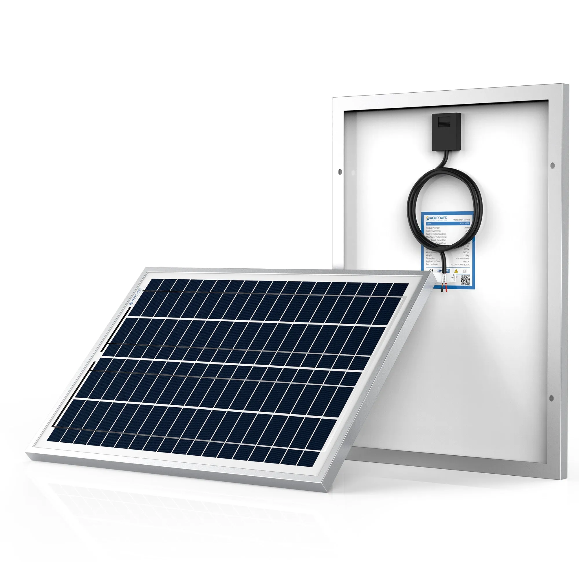 ACOPOWER 25 Watts Poly Solar Panel Module For 12 Volt Battery Charging
