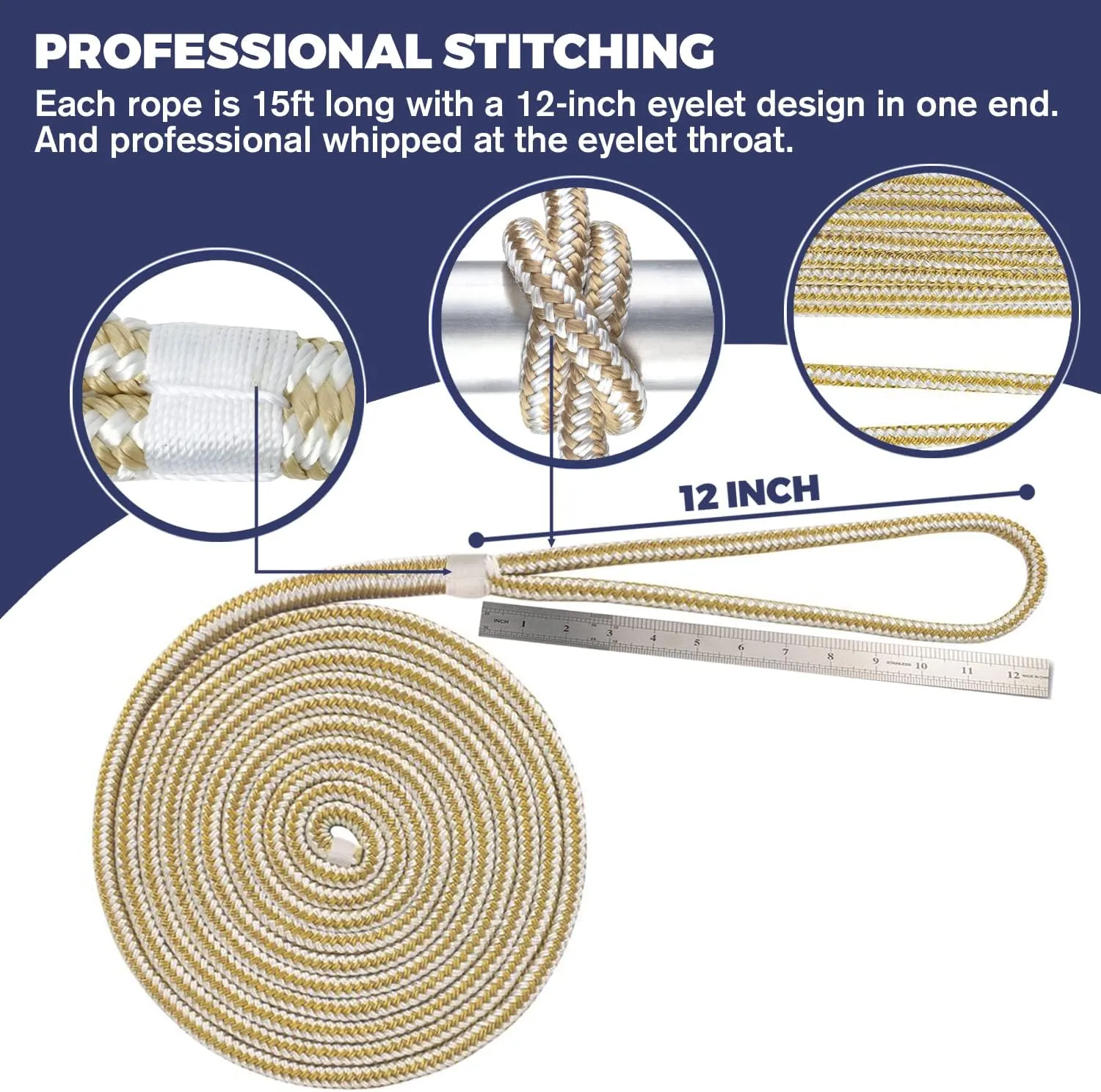 ACY Marine- Double Braided Nylon Dock Line - Boat Rope - Marine and Pontoon Accessories - Braided, Reinforced Boat Ropes and Ties for Docking - Stretch Resistant with 12” Spliced Loop for Mooring