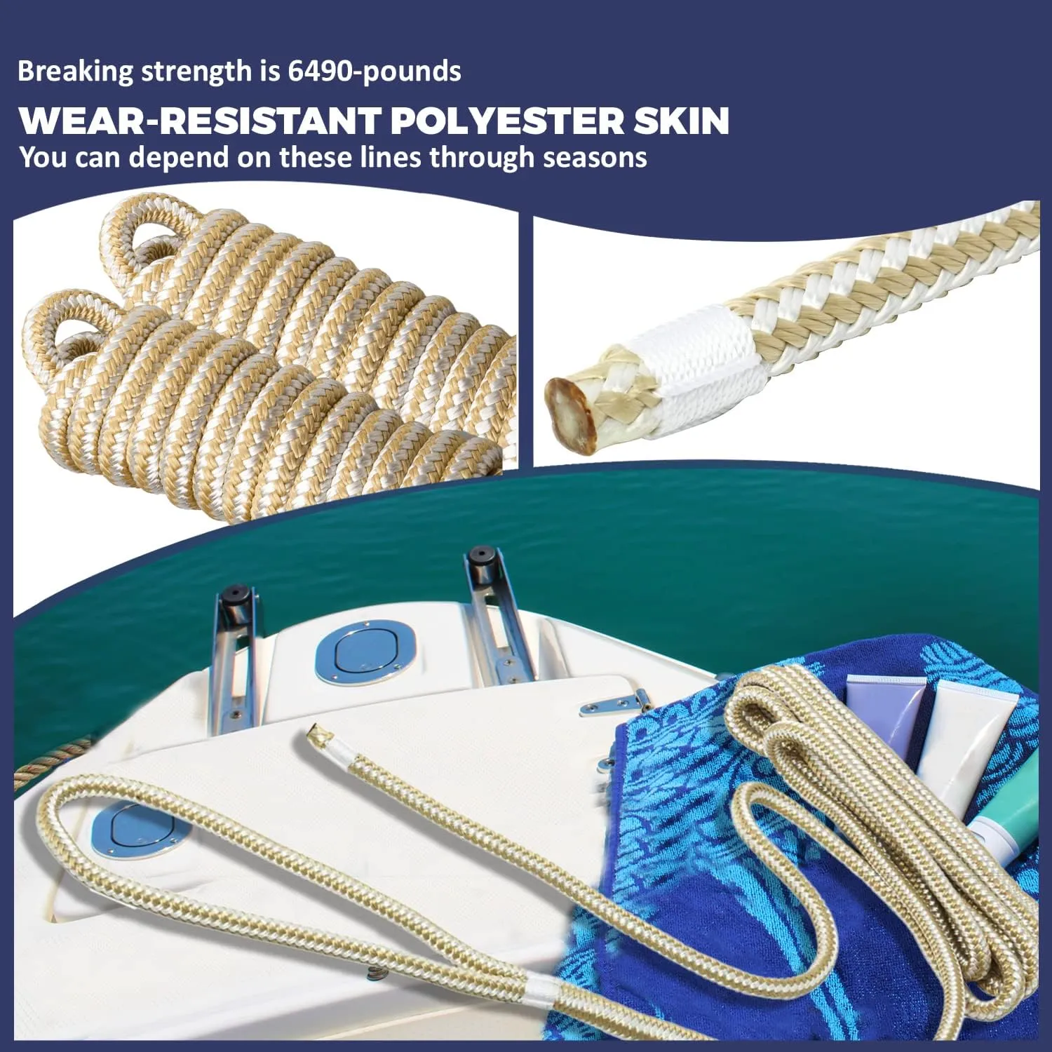 ACY Marine- Double Braided Nylon Dock Line - Boat Rope - Marine and Pontoon Accessories - Braided, Reinforced Boat Ropes and Ties for Docking - Stretch Resistant with 12” Spliced Loop for Mooring