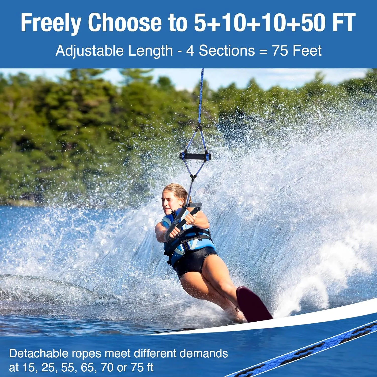 Affordura Wakeboard Rope 75 Feet Water Ski Rope with Handle Ski Ropes for Watersports, Ski Tow Rope for Tubing 4 Sections Tube Tow Rope for Watersports, Storage Bag Included