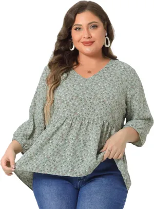 Agnes Orinda Women's Plus Size Tops V Neck Babydoll Flowy 3/4 Lantern Sleeve Floral Spring Summer Blouses