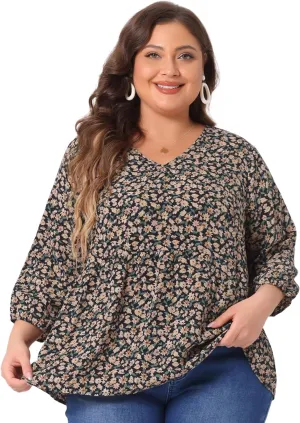 Agnes Orinda Women's Plus Size Tops V Neck Babydoll Flowy 3/4 Lantern Sleeve Floral Spring Summer Blouses