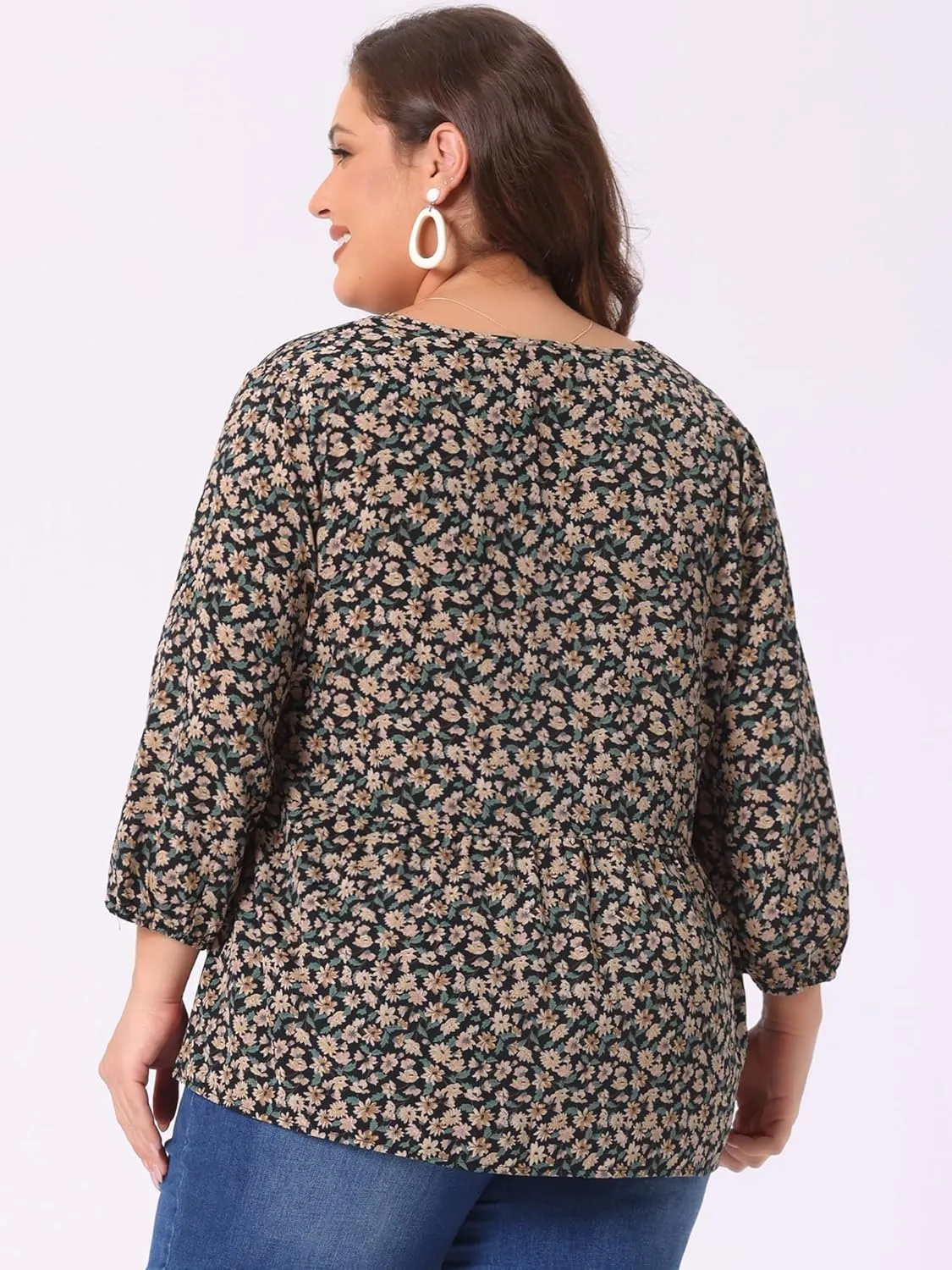 Agnes Orinda Women's Plus Size Tops V Neck Babydoll Flowy 3/4 Lantern Sleeve Floral Spring Summer Blouses