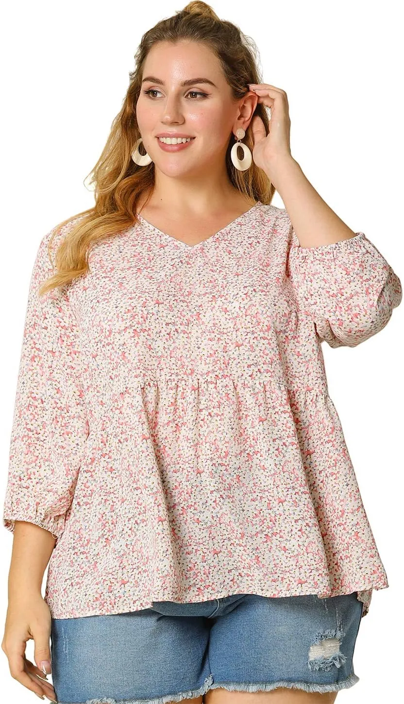 Agnes Orinda Women's Plus Size Tops V Neck Babydoll Flowy 3/4 Lantern Sleeve Floral Spring Summer Blouses