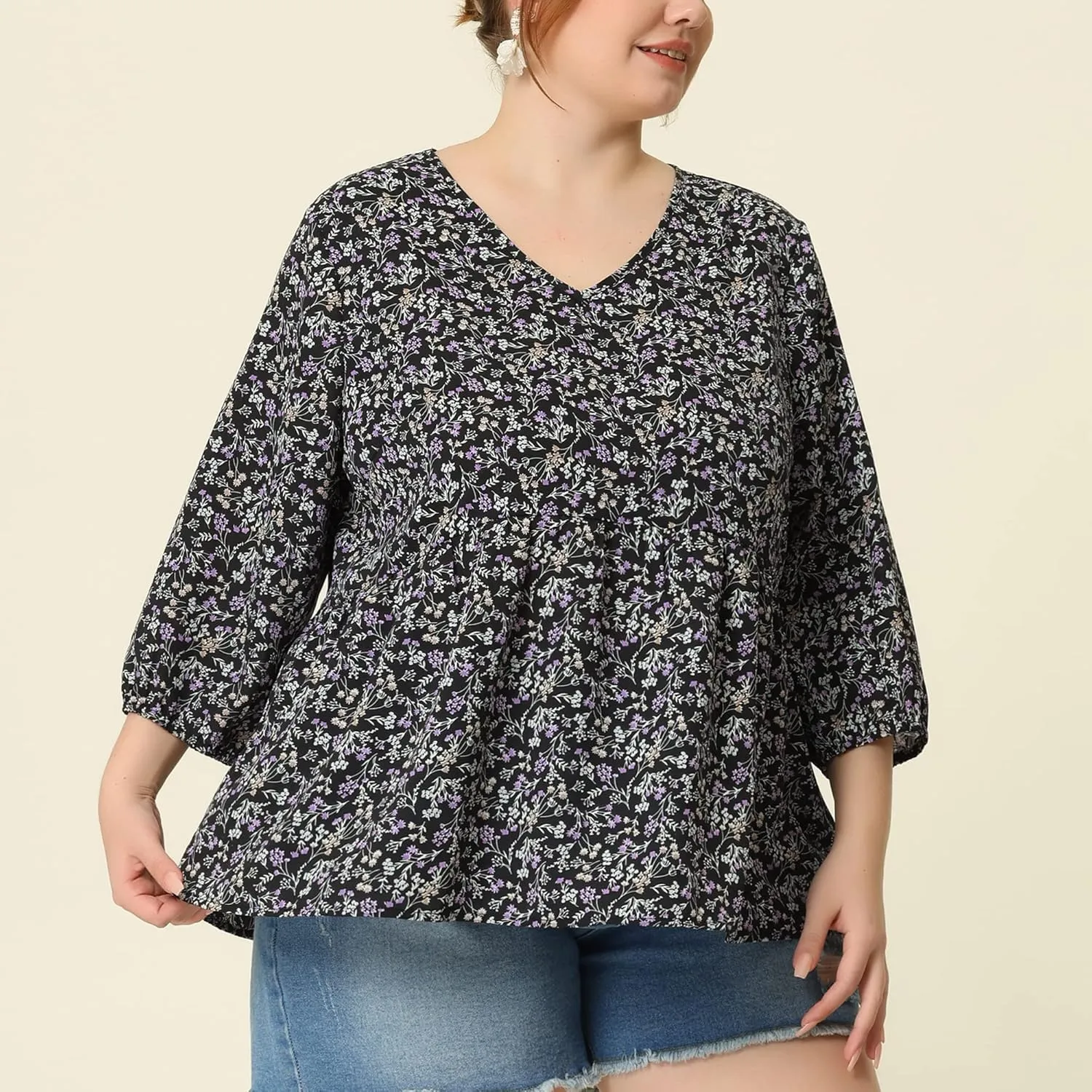 Agnes Orinda Women's Plus Size Tops V Neck Babydoll Flowy 3/4 Lantern Sleeve Floral Spring Summer Blouses