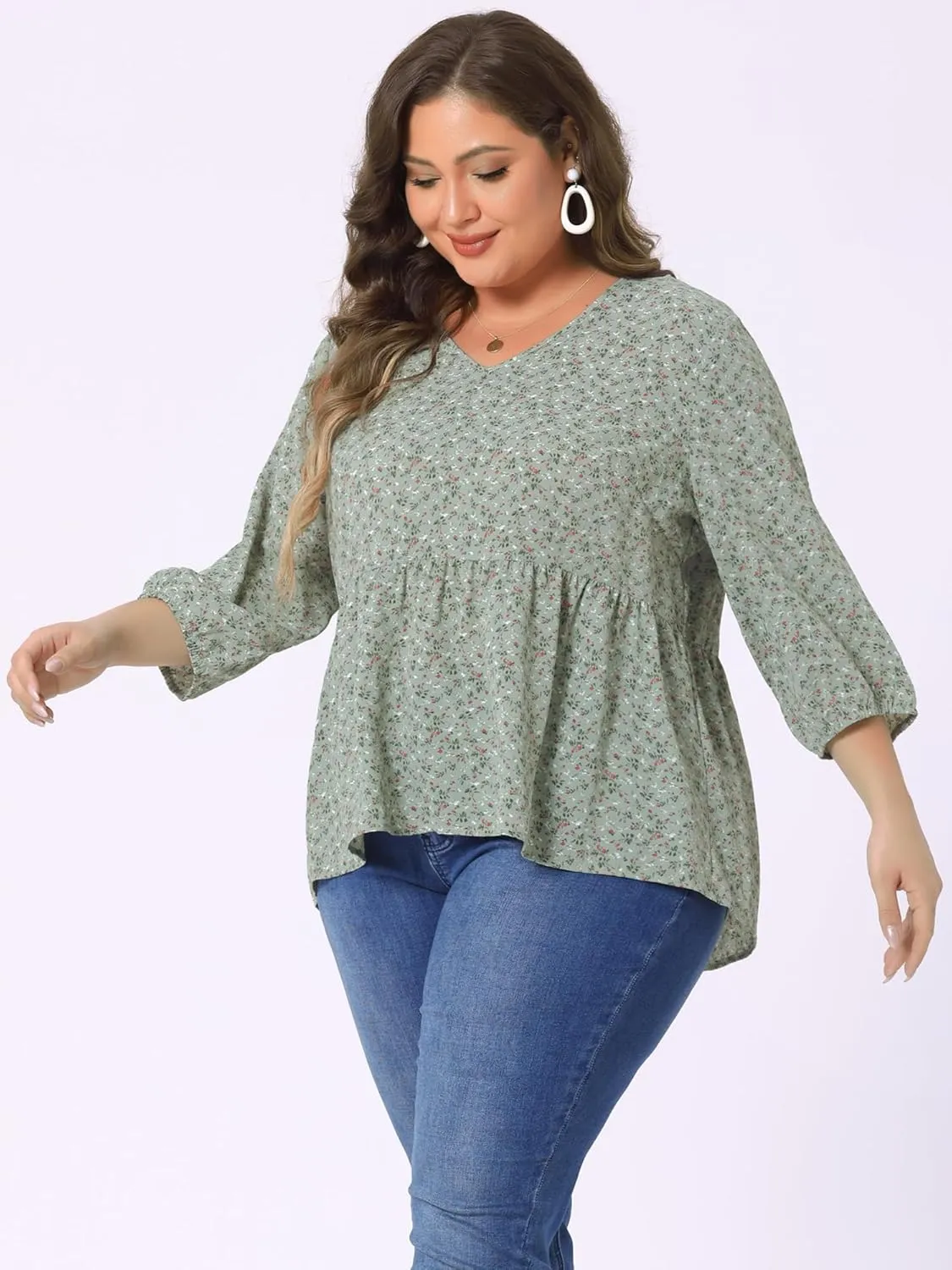 Agnes Orinda Women's Plus Size Tops V Neck Babydoll Flowy 3/4 Lantern Sleeve Floral Spring Summer Blouses