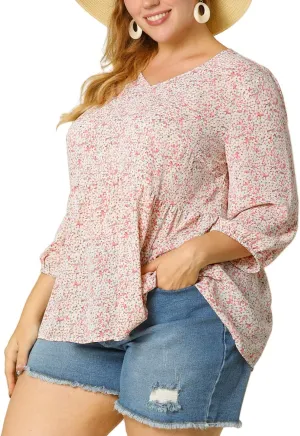 Agnes Orinda Women's Plus Size Tops V Neck Babydoll Flowy 3/4 Lantern Sleeve Floral Spring Summer Blouses