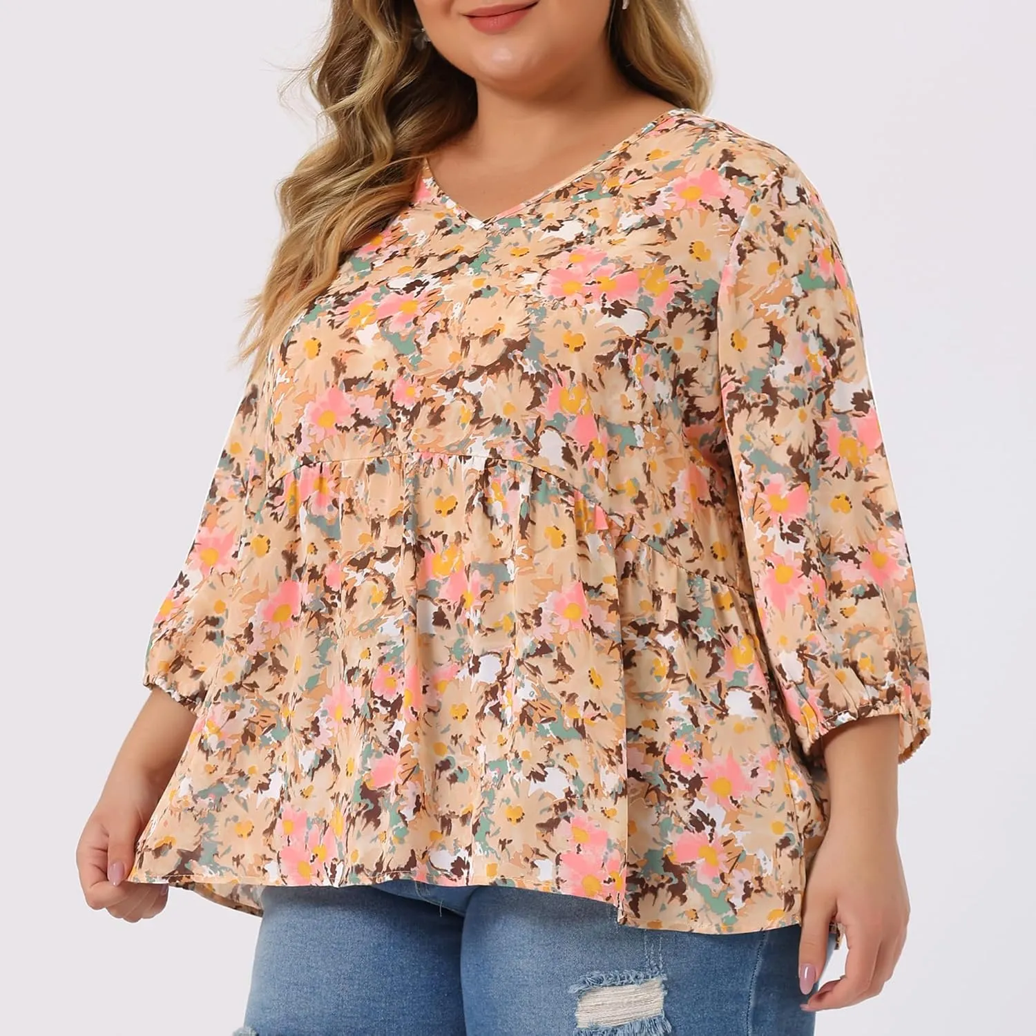 Agnes Orinda Women's Plus Size Tops V Neck Babydoll Flowy 3/4 Lantern Sleeve Floral Spring Summer Blouses