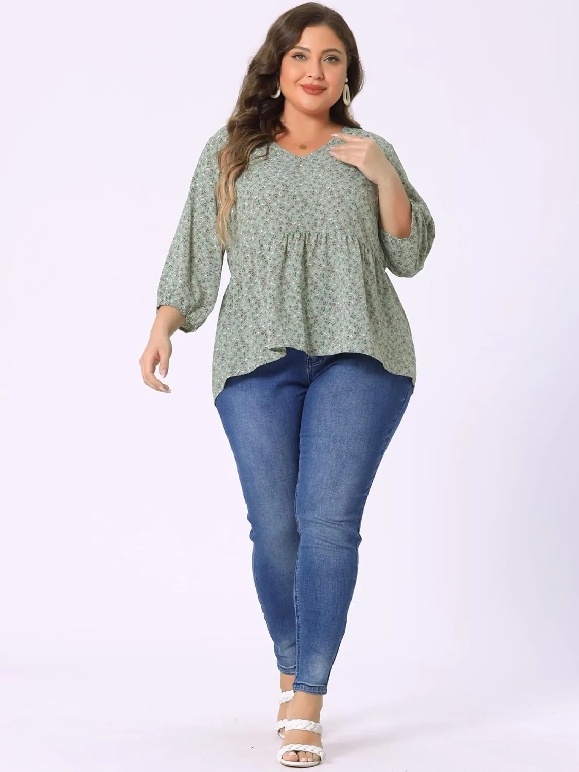 Agnes Orinda Women's Plus Size Tops V Neck Babydoll Flowy 3/4 Lantern Sleeve Floral Spring Summer Blouses