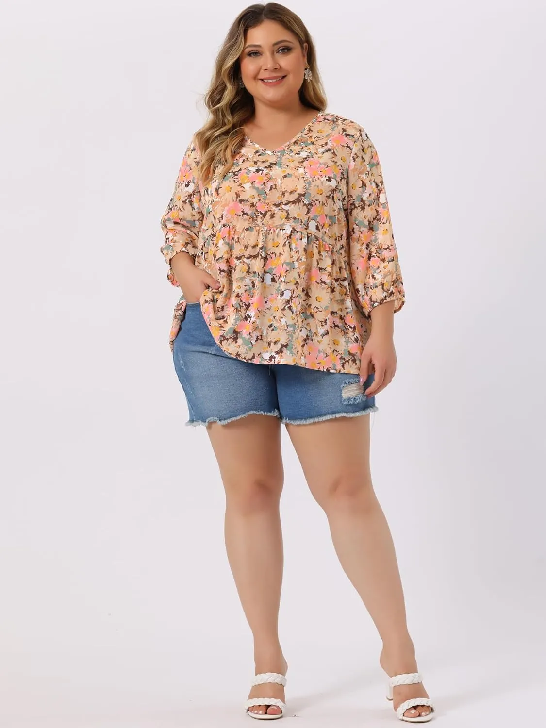 Agnes Orinda Women's Plus Size Tops V Neck Babydoll Flowy 3/4 Lantern Sleeve Floral Spring Summer Blouses
